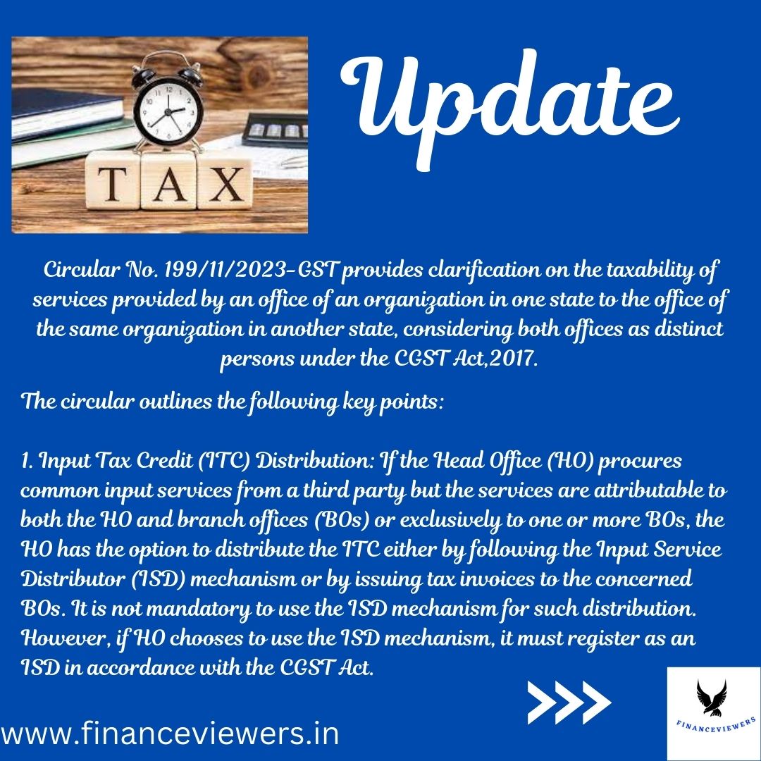 Circular No. 199 11/2023-GST clarifies  Taxability of  Services between Distinct Offices.

Circular: https://taxinformation.cbic.gov.in/view-pdf/1003173/ENG/Circulars