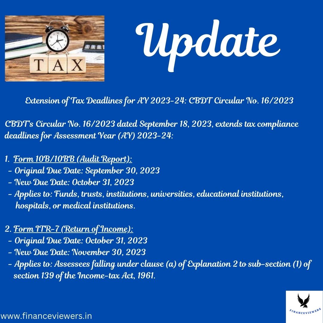 Extension of Tax Deadlines for AY 2023–24: CBDT Circular No. 16/2023. 
Official Circular Link: https://incometaxindia.gov.in/communications/circular/circular_no_16_2023.pdf