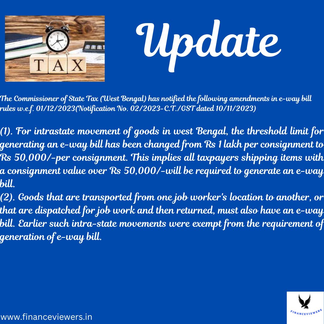 The Commissioner of State Tax (West Bengal) has notified the following amendments in e-way bill rules w.e.f. 01/12/2023(Notification No. 02/2023-C.T./GST dated 10/11/2023)
